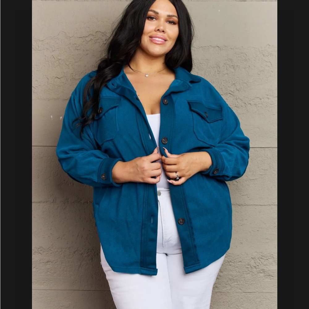 Zenana Teal Fleece Shacket Jacket NWT XL Cozy Cabin Button Front - Picture 4 of 9
